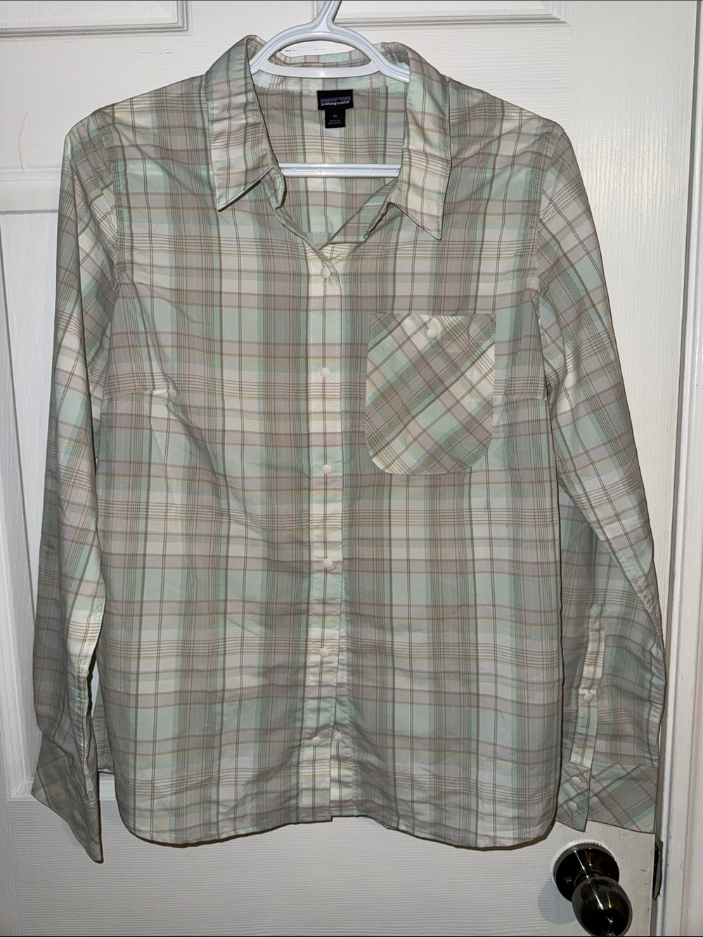 Patagonia Mint and Beige Plaid Button-Up Shirt